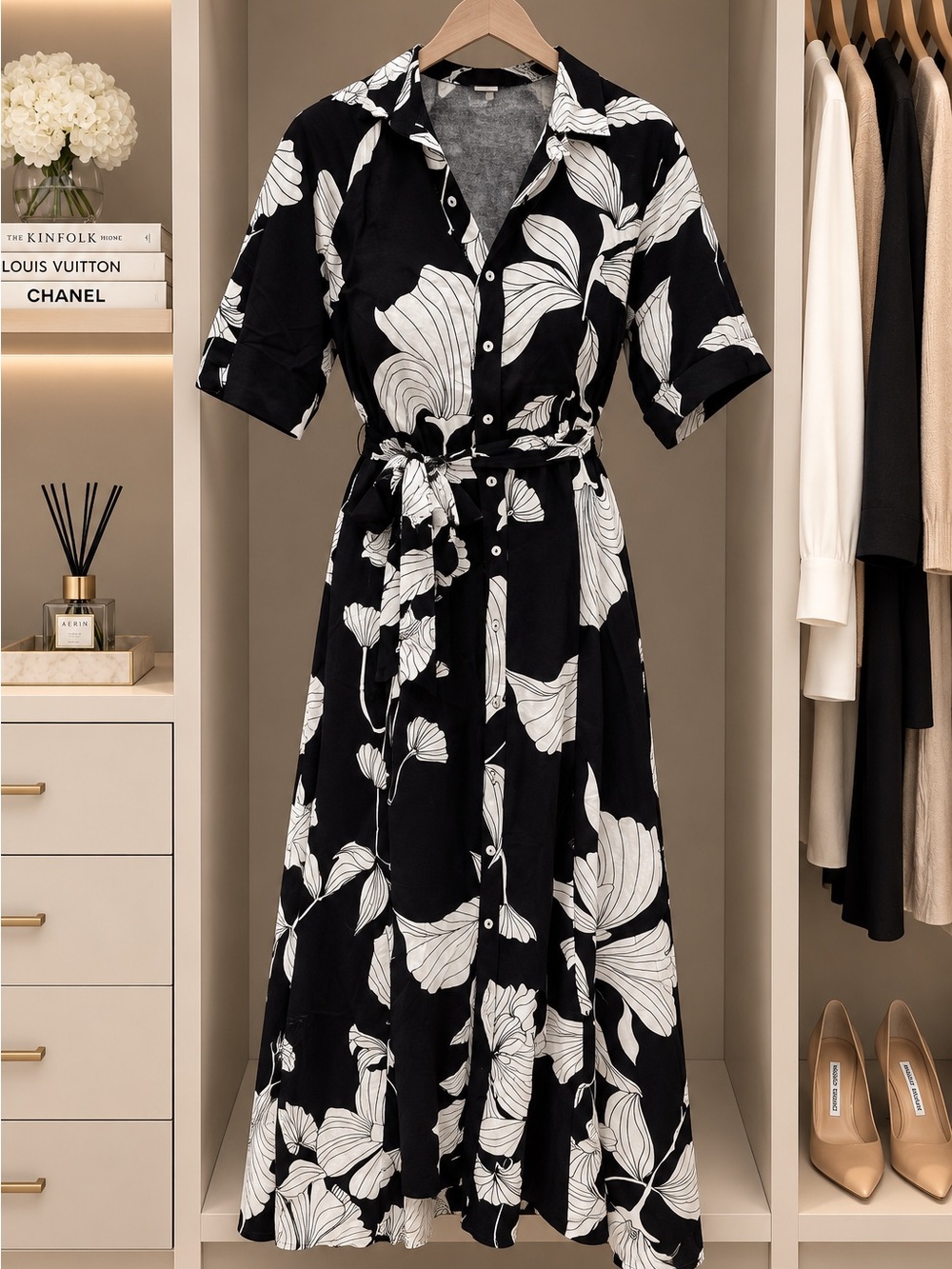 H&M Black & White Floral Shirt Dress with Tie Waist